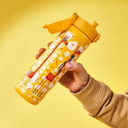 Ion8 Steel Water Bottle, 600 ml/20 oz, Leak Proof, Easy to Open, Secure Lock, Dishwasher Safe, Flip Cover, Fits Cup Holders, Carry Handle, Durable, Scratch Resistant, Raised Print, Giraffes Design in Saudi Arabia