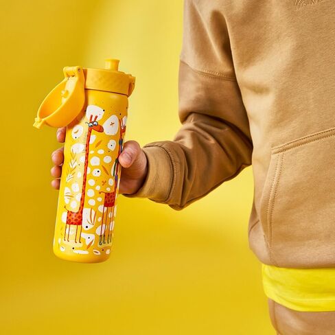 Ion8 Steel Water Bottle, 600 ml/20 oz, Leak Proof, Easy to Open, Secure Lock, Dishwasher Safe, Flip Cover, Fits Cup Holders, Carry Handle, Durable, Scratch Resistant, Raised Print, Giraffes Design in Saudi Arabia