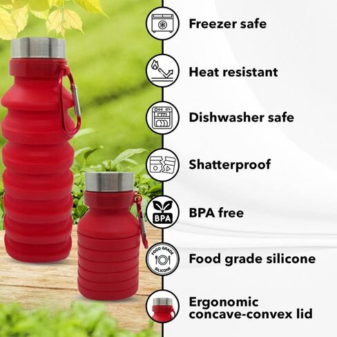 Collapsible Water Bottle (Red) Reusable, BPA Free, Silicone, Foldable Portable & Leak Proof - Water Bottles for Travel Gym Camping Hiking - Sports Water Bottle with Carabiner in Saudi Arabia