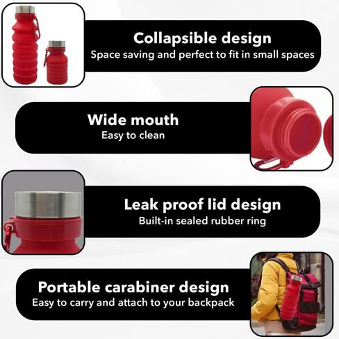Collapsible Water Bottle (Red) Reusable, BPA Free, Silicone, Foldable Portable & Leak Proof - Water Bottles for Travel Gym Camping Hiking - Sports Water Bottle with Carabiner in Saudi Arabia