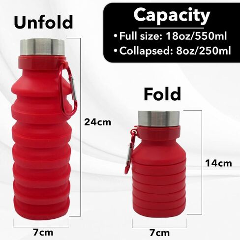 Collapsible Water Bottle (Red) Reusable, BPA Free, Silicone, Foldable Portable & Leak Proof - Water Bottles for Travel Gym Camping Hiking - Sports Water Bottle with Carabiner in Saudi Arabia
