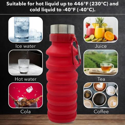Collapsible Water Bottle (Red) Reusable, BPA Free, Silicone, Foldable Portable & Leak Proof - Water Bottles for Travel Gym Camping Hiking - Sports Water Bottle with Carabiner in Saudi Arabia