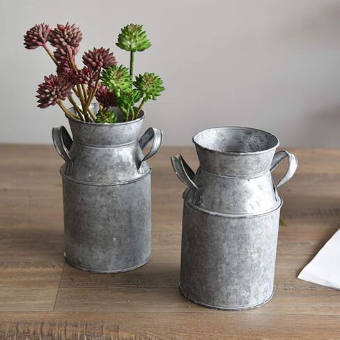 مزهرية يارنو الريفية على الطراز الفرنسي إبريق بدائي للحليب علبة حليب حديدية مزهرية مجلفنة عتيقة دلو من القصدير إبريق معدني حاوية زهور فضية in Kuwait