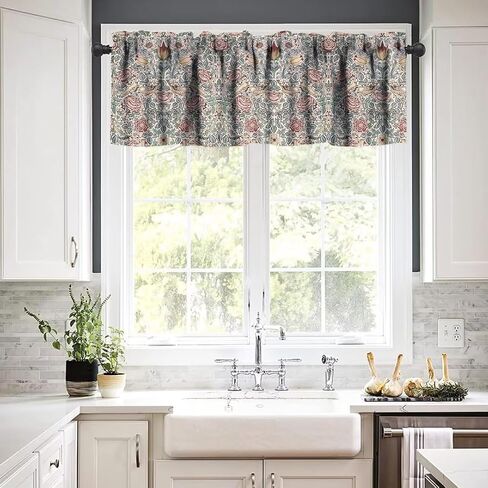 ستارة فالانس الزهرة العرقية، تصميم ويليام موريس العتيق الأصلي بطباعة زهور ريفية عازلة للحرارة ستارة نافذة قصيرة للمطبخ وغرفة المعيشة والمقهى، 54 × 18 بوصة in Saudi Arabia