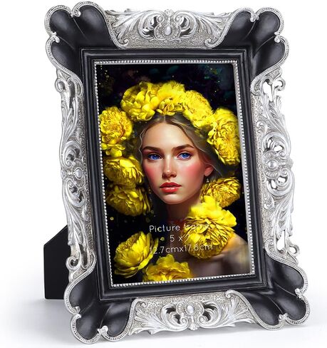 PETAFLOP 5x7 Vintage Picture Frame, Antique Photo Frames 7x5 with Silver Edge, Tabletop Wall Hanging, Black in Saudi Arabia