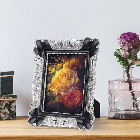 PETAFLOP 5x7 Vintage Picture Frame, Antique Photo Frames 7x5 with Silver Edge, Tabletop Wall Hanging, Black in Saudi Arabia