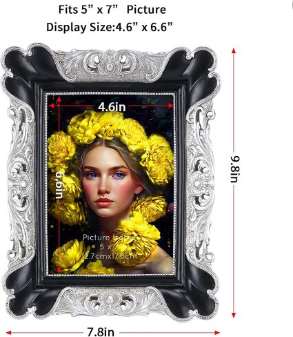 PETAFLOP 5x7 Vintage Picture Frame, Antique Photo Frames 7x5 with Silver Edge, Tabletop Wall Hanging, Black in Saudi Arabia