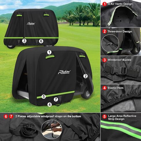 غطاء عربة الجولف Roykaw 600D مقاوم للماء عالمي متوافق مع EZGO/Club Car/Yamaha معظم العلامات التجارية 4 ركاب/2 عربة جولف للركاب، فتحة سحاب من ثلاثة جوانب/شريطين مقاومين للرياح/شرائط عاكسة in Kuwait