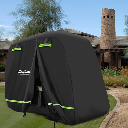 غطاء عربة الجولف Roykaw 600D مقاوم للماء عالمي متوافق مع EZGO/Club Car/Yamaha معظم العلامات التجارية 4 ركاب/2 عربة جولف للركاب، فتحة سحاب من ثلاثة جوانب/شريطين مقاومين للرياح/شرائط عاكسة in Kuwait