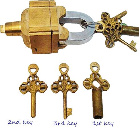 Fully functional brass puzzle keyed padlock with 6 Keys (3X2 Set) Vintage Look Heavy Duty tricky door lock (Golden) in Kuwait