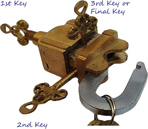 Fully functional brass puzzle keyed padlock with 6 Keys (3X2 Set) Vintage Look Heavy Duty tricky door lock (Golden) in Kuwait