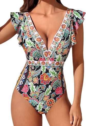 WDIRARA Women's Floral Print Deep V Neck Ruffle Trim Cap Sleeve One Piece Swimsuit Monokini in Saudi Arabia