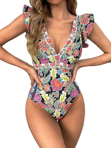 WDIRARA Women's Floral Print Deep V Neck Ruffle Trim Cap Sleeve One Piece Swimsuit Monokini in Saudi Arabia