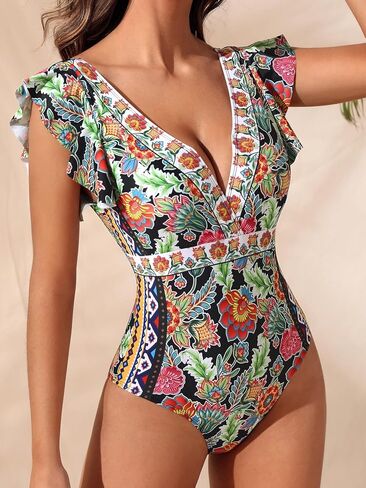 WDIRARA Women's Floral Print Deep V Neck Ruffle Trim Cap Sleeve One Piece Swimsuit Monokini in Saudi Arabia