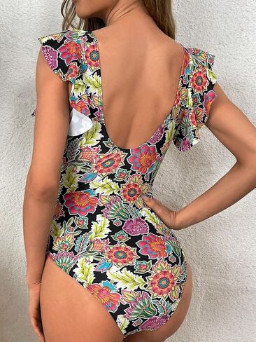 WDIRARA Women's Floral Print Deep V Neck Ruffle Trim Cap Sleeve One Piece Swimsuit Monokini in Saudi Arabia