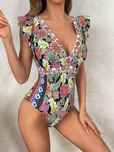 WDIRARA Women's Floral Print Deep V Neck Ruffle Trim Cap Sleeve One Piece Swimsuit Monokini in Saudi Arabia