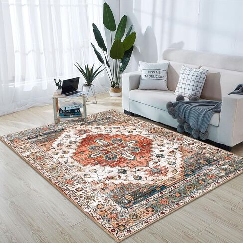 4'x6' Area Rugs for Living Room Washable Rugs Large Boho Carpet Vintage Floor Cover Foldable Thin Rug Non Slip Foldable Accent Rug Lightweight for Kitchen Living Room Bedroom Dining Room in Saudi Arabia