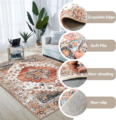4'x6' Area Rugs for Living Room Washable Rugs Large Boho Carpet Vintage Floor Cover Foldable Thin Rug Non Slip Foldable Accent Rug Lightweight for Kitchen Living Room Bedroom Dining Room in Saudi Arabia