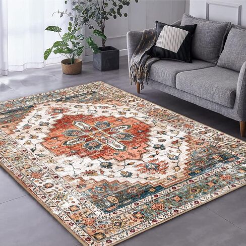 4'x6' Area Rugs for Living Room Washable Rugs Large Boho Carpet Vintage Floor Cover Foldable Thin Rug Non Slip Foldable Accent Rug Lightweight for Kitchen Living Room Bedroom Dining Room in Saudi Arabia