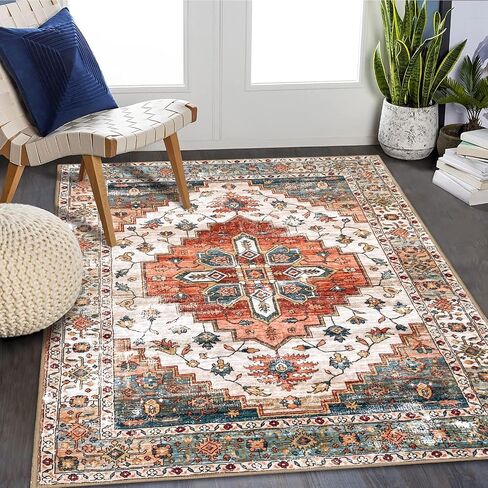 4'x6' Area Rugs for Living Room Washable Rugs Large Boho Carpet Vintage Floor Cover Foldable Thin Rug Non Slip Foldable Accent Rug Lightweight for Kitchen Living Room Bedroom Dining Room in Saudi Arabia