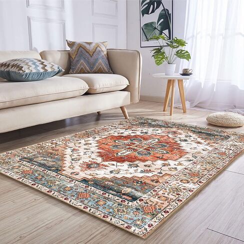 4'x6' Area Rugs for Living Room Washable Rugs Large Boho Carpet Vintage Floor Cover Foldable Thin Rug Non Slip Foldable Accent Rug Lightweight for Kitchen Living Room Bedroom Dining Room in Saudi Arabia