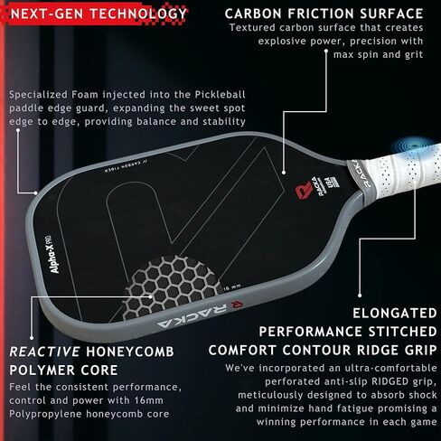 RACKA 2024 Alpha-X/Delta-X Pro Raw Carbon Fiber Pickleball Paddle, 16mm Toray T700 Thermoformed with Foam Injected Walls - Carbon Friction Textured Surface with Expanded Sweet Spot. USAPA Approved in Saudi Arabia