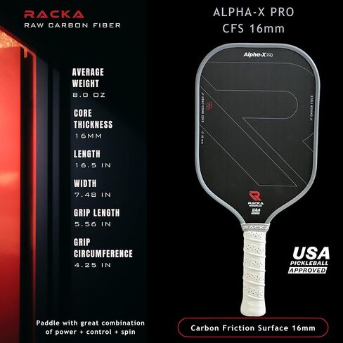 RACKA 2024 Alpha-X/Delta-X Pro Raw Carbon Fiber Pickleball Paddle, 16mm Toray T700 Thermoformed with Foam Injected Walls - Carbon Friction Textured Surface with Expanded Sweet Spot. USAPA Approved in Saudi Arabia
