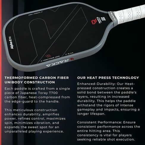 RACKA 2024 Alpha-X/Delta-X Pro Raw Carbon Fiber Pickleball Paddle, 16mm Toray T700 Thermoformed with Foam Injected Walls - Carbon Friction Textured Surface with Expanded Sweet Spot. USAPA Approved in Saudi Arabia
