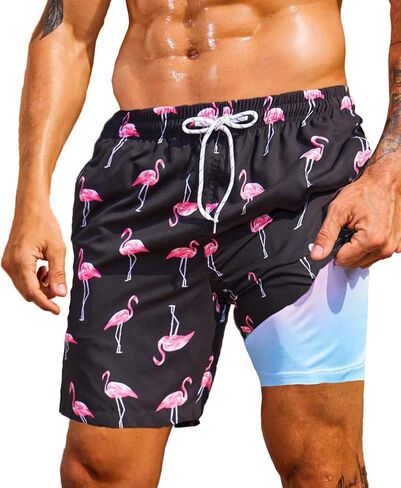 Mens Swim Trunks with Compression Liner 5" in Inseam Swimwear Quick Dry Beach Shorts 2 in 1 Bathing Suit in Saudi Arabia