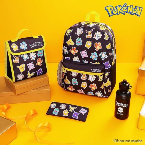 Pokemon Kids Backpack 4 Piece Set School Supplies Rucksack Insulated Lunch Box Kids Pencil Case BPA Free 500ml Water Bottle Pikachu Back to School Gifts for Boys (Black/Multi) in Saudi Arabia