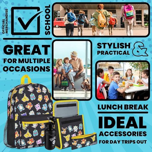 Pokemon Kids Backpack 4 Piece Set School Supplies Rucksack Insulated Lunch Box Kids Pencil Case BPA Free 500ml Water Bottle Pikachu Back to School Gifts for Boys (Black/Multi) in Saudi Arabia