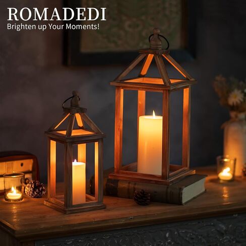 Romadedi Farmhouse Wood Candle Lantern - 12 "/ 16" مجموعة من 2 فوانيس خشبية ريفية حامل شموع ديكور منزلي ديكور طاولة الزفاف قطعة مركزية ديكورات مدفأة داخلية وخارجية، بني in Kuwait