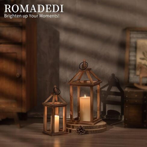 Romadedi Farmhouse Wood Candle Lantern - 12 "/ 16" مجموعة من 2 فوانيس خشبية ريفية حامل شموع ديكور منزلي ديكور طاولة الزفاف قطعة مركزية ديكورات مدفأة داخلية وخارجية، بني in Kuwait