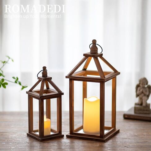 Romadedi Farmhouse Wood Candle Lantern - 12 "/ 16" مجموعة من 2 فوانيس خشبية ريفية حامل شموع ديكور منزلي ديكور طاولة الزفاف قطعة مركزية ديكورات مدفأة داخلية وخارجية، بني in Kuwait