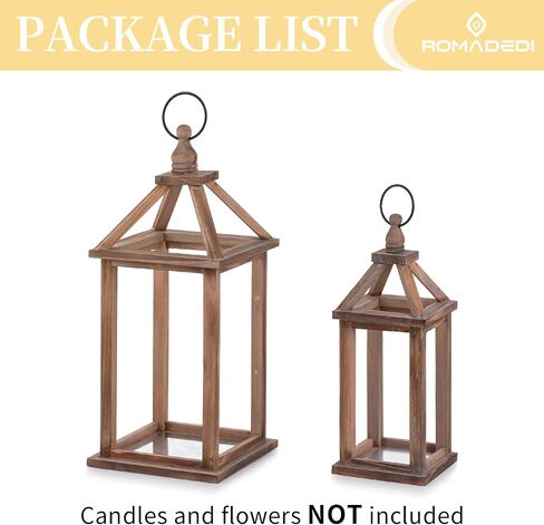 Romadedi Farmhouse Wood Candle Lantern - 12 "/ 16" مجموعة من 2 فوانيس خشبية ريفية حامل شموع ديكور منزلي ديكور طاولة الزفاف قطعة مركزية ديكورات مدفأة داخلية وخارجية، بني in Kuwait