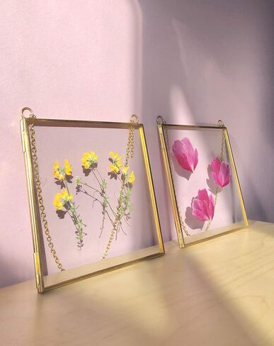 Glass Frame for Pressed Flowers, Leaf and Artwork - Hanging Gold 6x6 Square Metal Picture Frames, Clear Double Glass Floating Frame, Wall Decor Photo Display, Set of 2 Flower Press Frames with Chain in Saudi Arabia