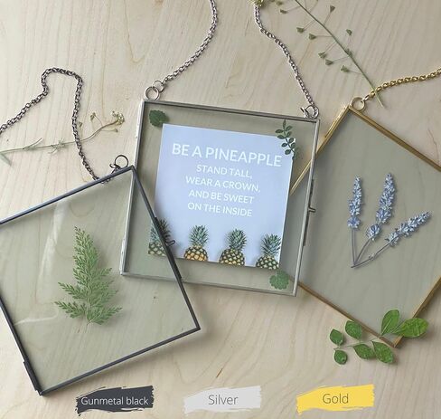 Glass Frame for Pressed Flowers, Leaf and Artwork - Hanging Gold 6x6 Square Metal Picture Frames, Clear Double Glass Floating Frame, Wall Decor Photo Display, Set of 2 Flower Press Frames with Chain in Saudi Arabia