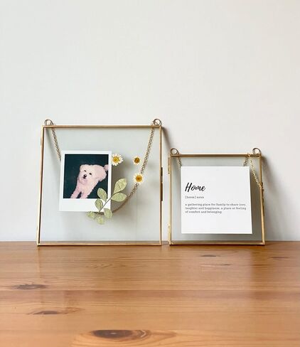Glass Frame for Pressed Flowers, Leaf and Artwork - Hanging Gold 6x6 Square Metal Picture Frames, Clear Double Glass Floating Frame, Wall Decor Photo Display, Set of 2 Flower Press Frames with Chain in Saudi Arabia