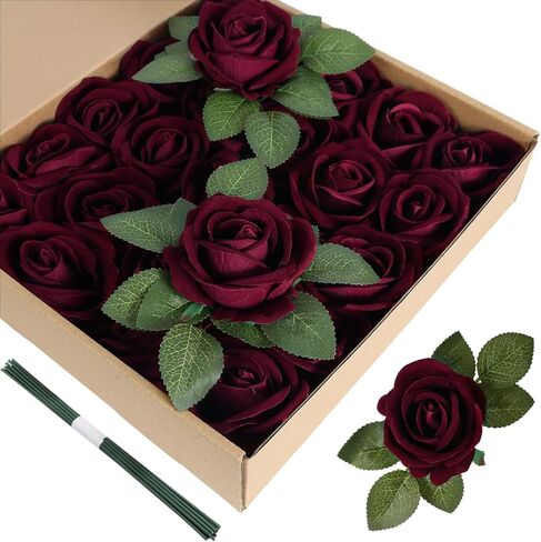 25PCS Artificial Roses Velvet Roses Artificial Flowers Real Look Silk Flowers with Stems for DIY Wedding Party Baby Shower Home Decoration(Burgundy) in Saudi Arabia