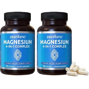 Magnesium Complex - 240 Magnesium Capsules - Chelated Magnesium Glycinate, Malate, Taurate & Lactate - Support Bones, Muscles