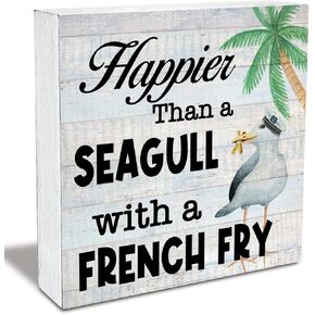 Rustic Beach Seagull Wood Box Sign Happier Than a Seagull with a French Fry Wooden Box Sign Country Beach House Desk Shelf Decor (5 X 5 Inch)