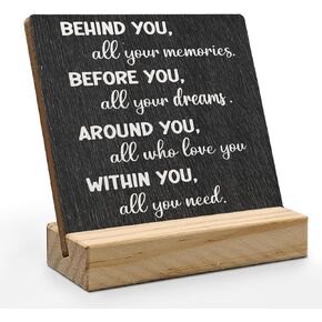 Graduation Quote Desk Decor, Inspirational Motivational Quotes Wood Plaque, Behind You All Your Memories Black Wooden Plaque Sign with Wood Stand for Home Office Classroom Shelf Decor