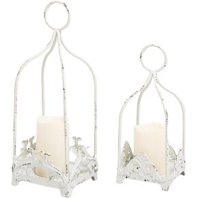 HPC Decor 2PCS Decorative Candle Lanterns with Embossing- 16in & 12in White Metal Lanterns Decorative with LED Candles- Vintage Lantern Centerpieces for Wedding Decor, Party Decor, Home Decor