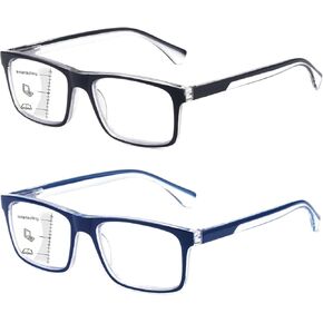 Missfive 2-Pack Light Multifocus Progressive Reading Glasses Blue Light Blocking, Multifocal Spring Hinge Man No-Line Quality Trifocal Readers Comfort Eyeglasses(Workspace For Near Range, 1.25x)