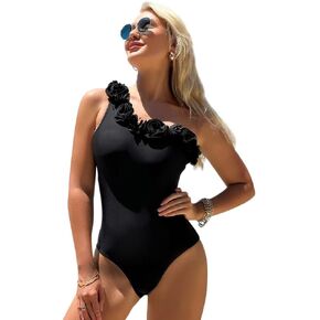 Women One Shoulder One Piece Swimsuit Tummy Control Full Coverage Slimming Bathing Suit Flower Ruffle Curvy Swimwear