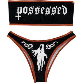 Women's Letter Skull Print Goth Swimsuit 2 Piece Sexy Triangle Bikini Bathing Suit for Rave Festival Halloween