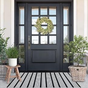 Cotton Black and White Striped Rug (27.5 x 43 Inches), Washable Stripe Outdoor Hand-Woven Reversible Stripe Rug for Outdoor Entryway,Laundry Room,Farmhouse,Kitchen.