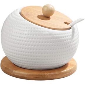 LIFKOME Porcelain Condiment Jar Container with Lids Cap Holder Spot Ceramics Seasoning Box Set Ceramic Serving Spoon Wooden Tray Best Pottery Cruet Pot for Your Home Kitchen