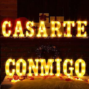 CASARTE CONMIGO Light Up Letter, 8.3'' Marry Me Decor Light Up Letters in Spanish LED Letter Lights with Rose Petals Battery Powered Marry Me Sign Lights Proposal Decor, 14 Letter, Warm White