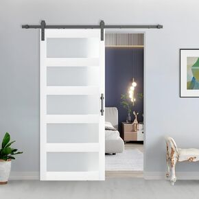 BARNSMITH 36in x 84in Glass Barn Door with 6.6FT Sliding Door Hardware Kit Included & Handle & Lock,5-Panel Frosted Glass Barn Door Solid Wood Water-Proof PVC Surface,Pre-Drilled Easy Assembly,White